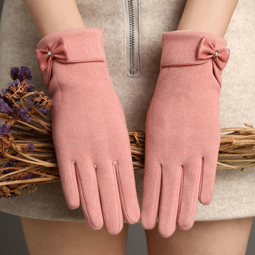 Fleece-Lined De Suede Bow Gloves - Touch Screen Warm Outdoor