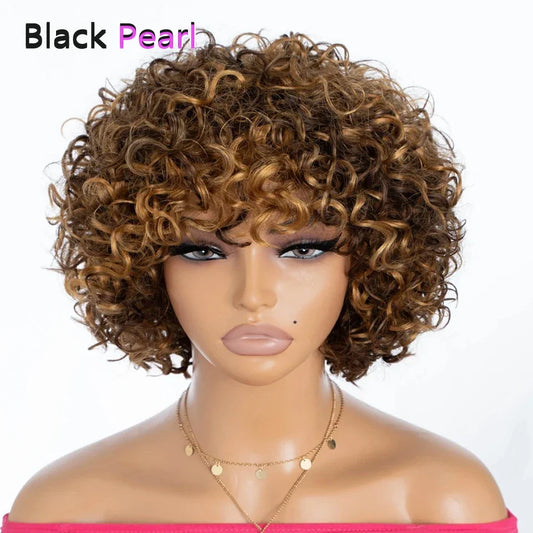Short Curly Human Hair Wigs with Bangs Human Hair Wig for Black Women Short Curly Bob Glueless Wig Brown Mixed Blonde