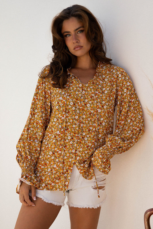 Boho Floral Ruffle Bubble Sleeve V-Neck Blouse