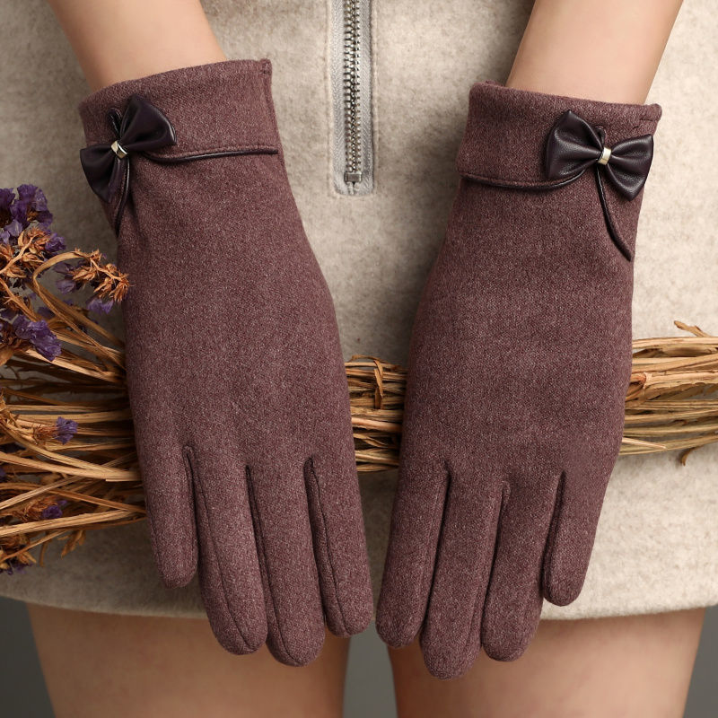 Fleece-Lined De Suede Bow Gloves - Touch Screen Warm Outdoor