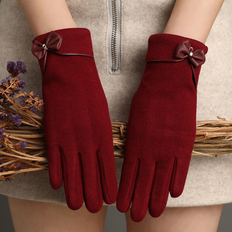 Fleece-Lined De Suede Bow Gloves - Touch Screen Warm Outdoor