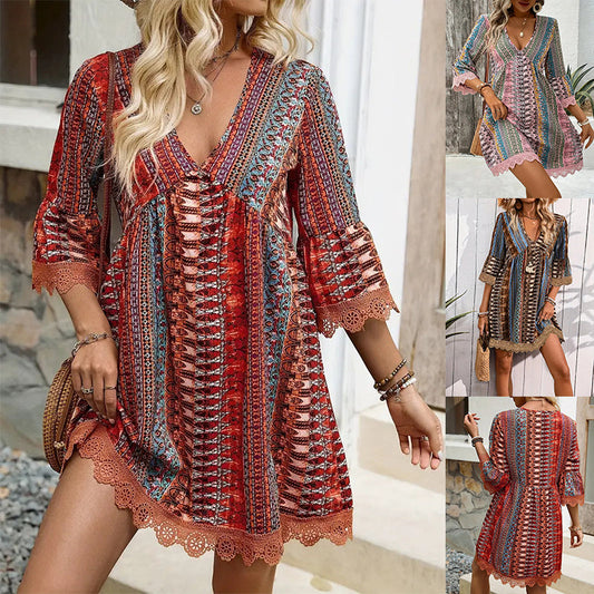 Bohemian Style V-neck Printed Dress Fashion Casual Loose Beach Dresses