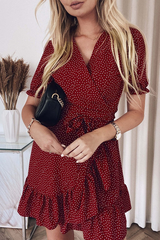 Bohemian Dotted Print Wrap V Neck Ruffled Mini Dress