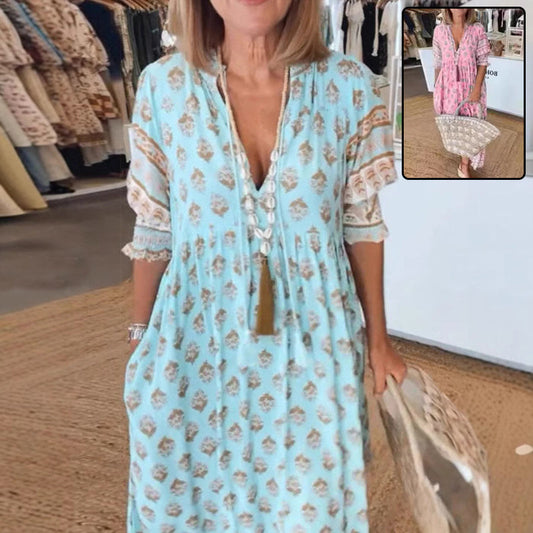 Summer Bohemian Print Lantern-Sleeved Dress Fashion Loose V-Neck