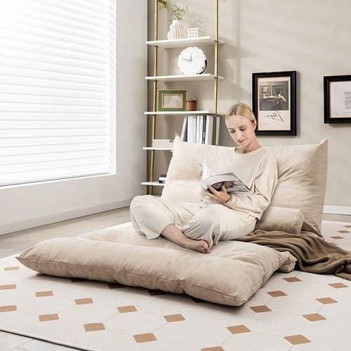 Modern Adjustable Floor Lounge Chair Sofa Bed with 2 Lumbar Pillows in