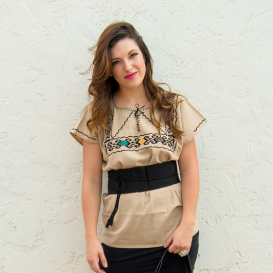 Beige Blouse with Hand Stitched on Chest