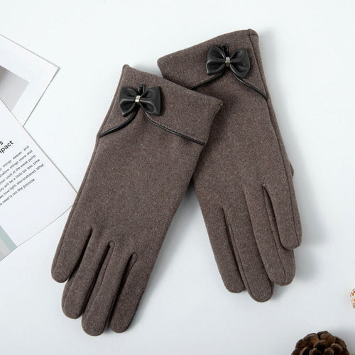 Fleece-Lined De Suede Bow Gloves - Touch Screen Warm Outdoor