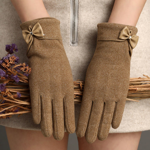 Fleece-Lined De Suede Bow Gloves - Touch Screen Warm Outdoor