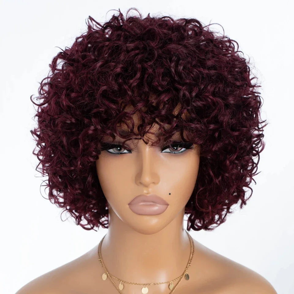 Short Curly Human Hair Wigs with Bangs Human Hair Wig for Black Women Short Curly Bob Glueless Wig Brown Mixed Blonde