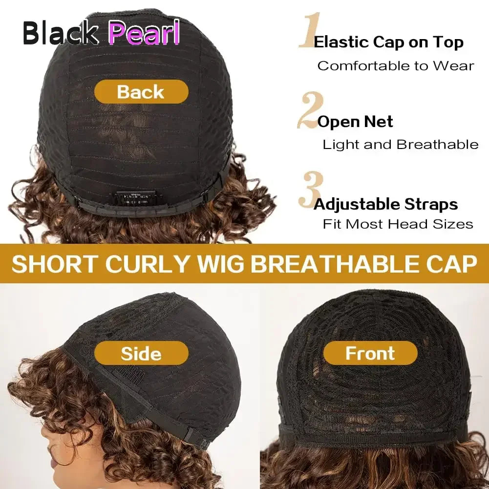 Short Curly Human Hair Wigs with Bangs Human Hair Wig for Black Women Short Curly Bob Glueless Wig Brown Mixed Blonde