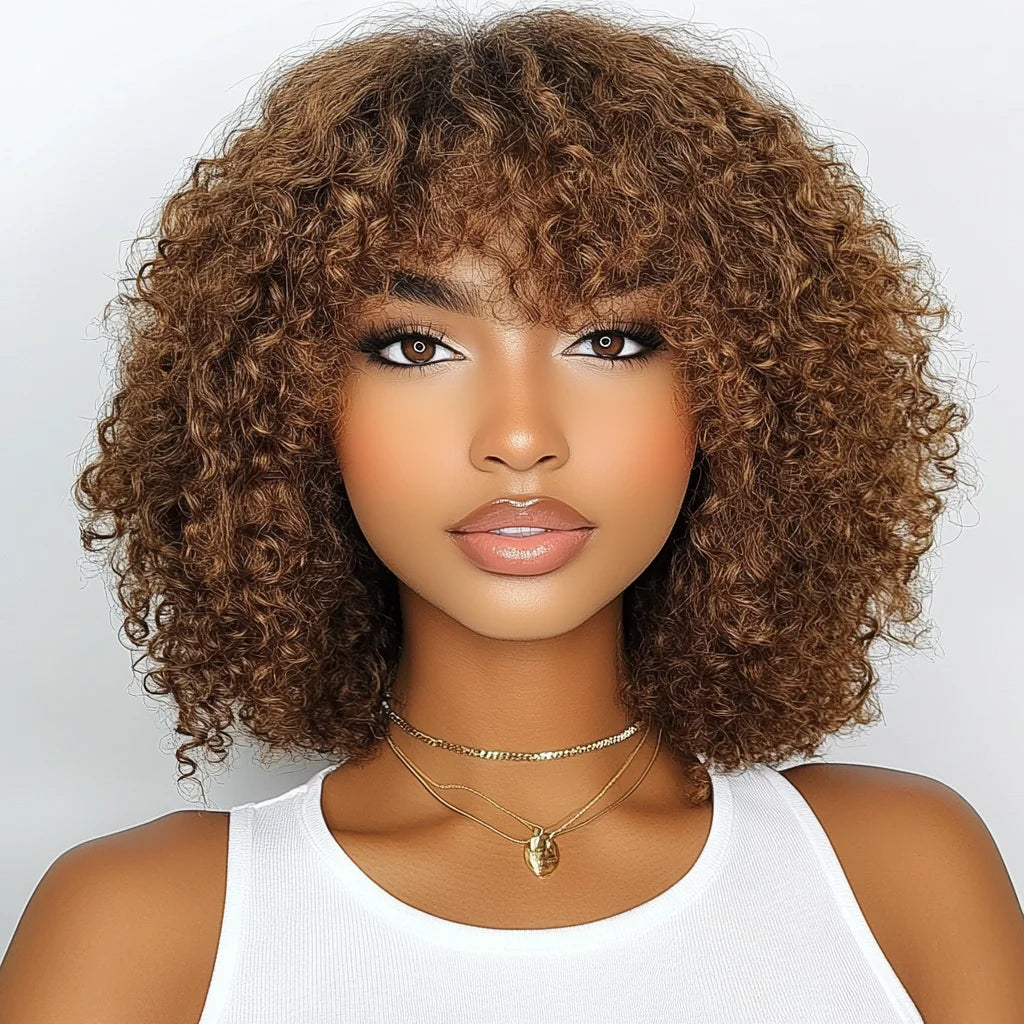Sleek Curly Human Hair Wigs For Women Jerry Curly Short Pixie Cut Bob Brazilian Human Hair Wigs With Bangs P1B/30 Highlight Wig