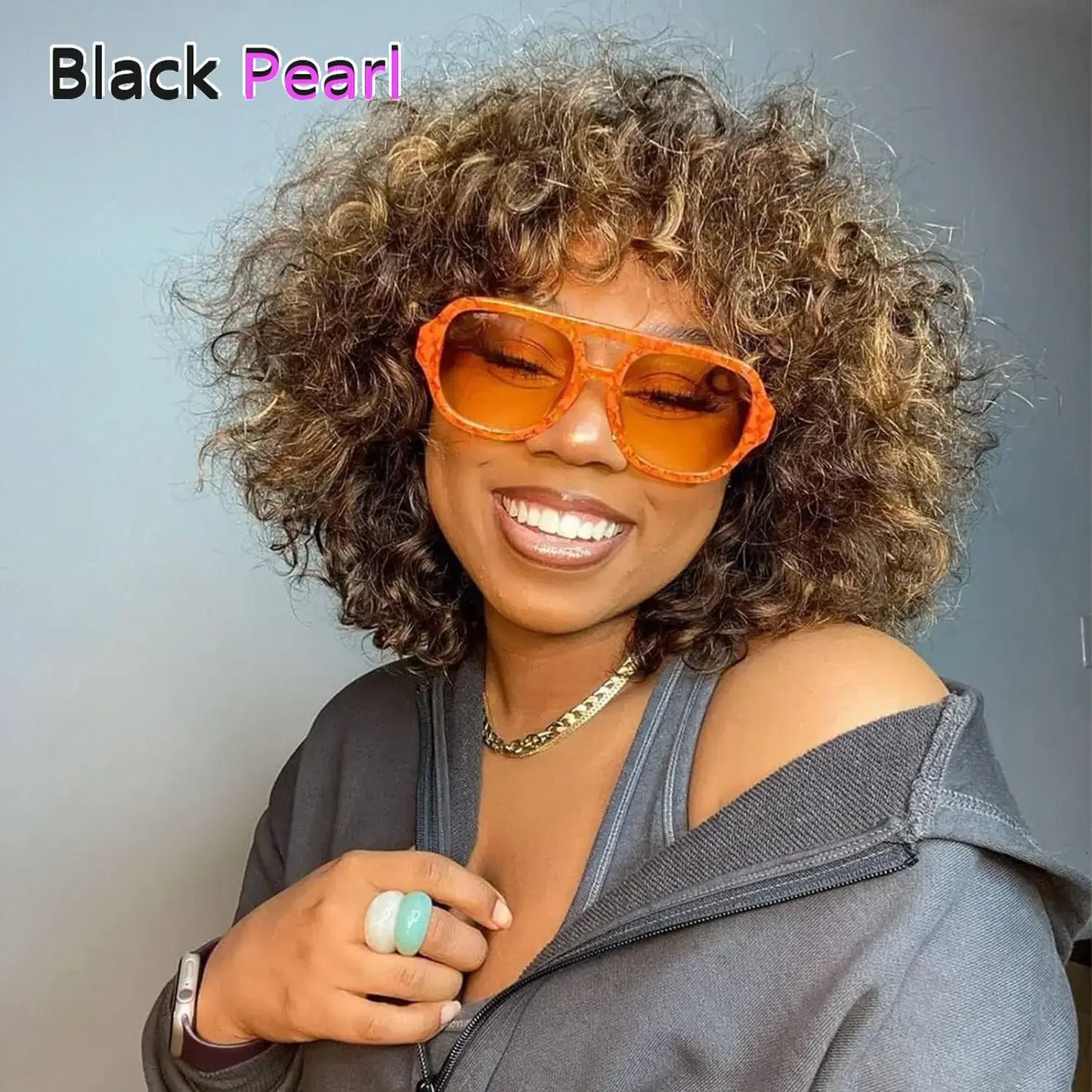 Short Curly Human Hair Wigs with Bangs Human Hair Wig for Black Women Short Curly Bob Glueless Wig Brown Mixed Blonde
