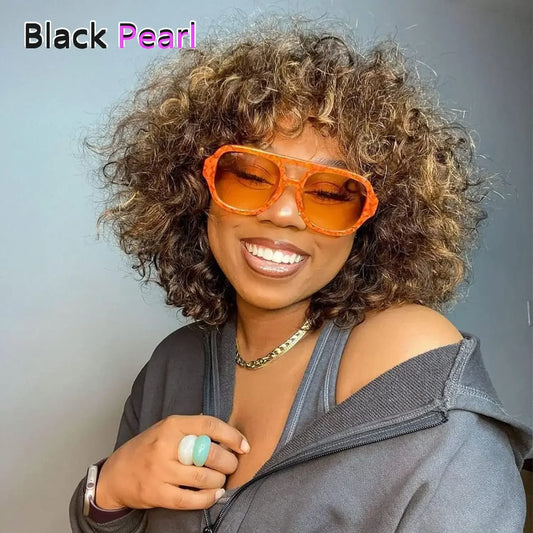 Short Curly Human Hair Wigs with Bangs Human Hair Wig for Black Women Short Curly Bob Glueless Wig Brown Mixed Blonde