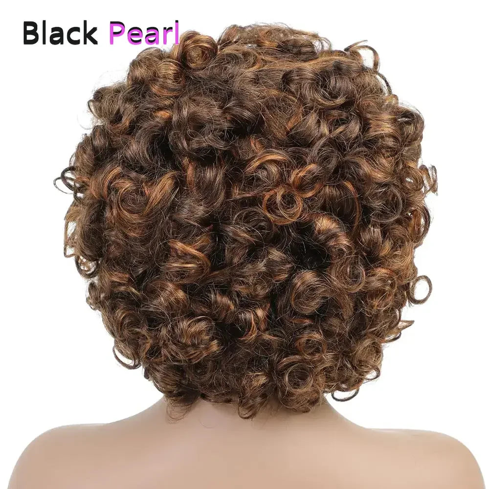 Short Curly Human Hair Wigs with Bangs Human Hair Wig for Black Women Short Curly Bob Glueless Wig Brown Mixed Blonde