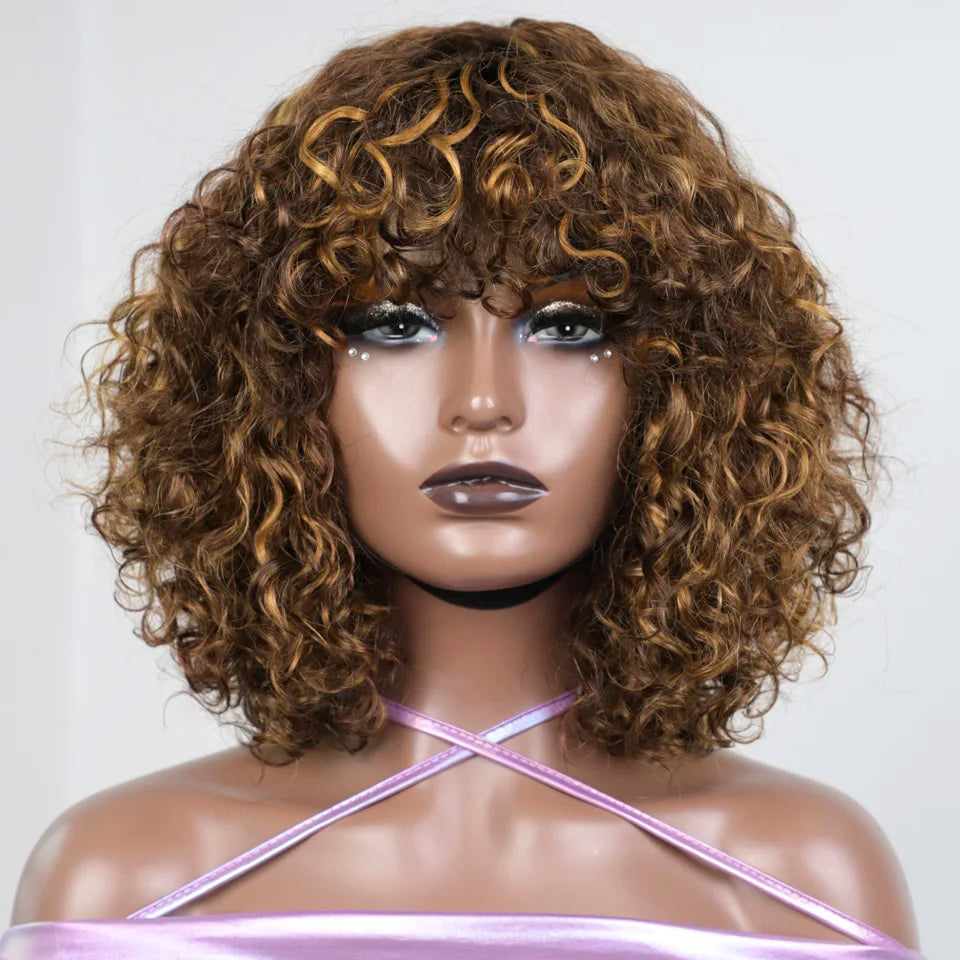Sleek Curly Human Hair Wigs For Women Jerry Curly Short Pixie Cut Bob Brazilian Human Hair Wigs With Bangs P1B/30 Highlight Wig