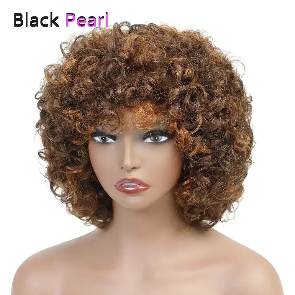 Short Curly Human Hair Wigs with Bangs Human Hair Wig for Black Women Short Curly Bob Glueless Wig Brown Mixed Blonde