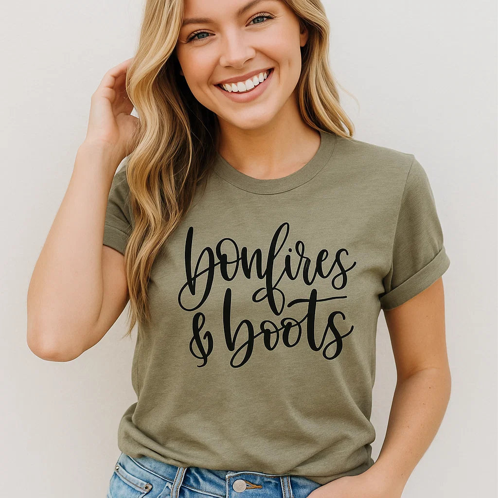 Bonfires & Boots Graphic Tee for Cozy Fall Vibes
