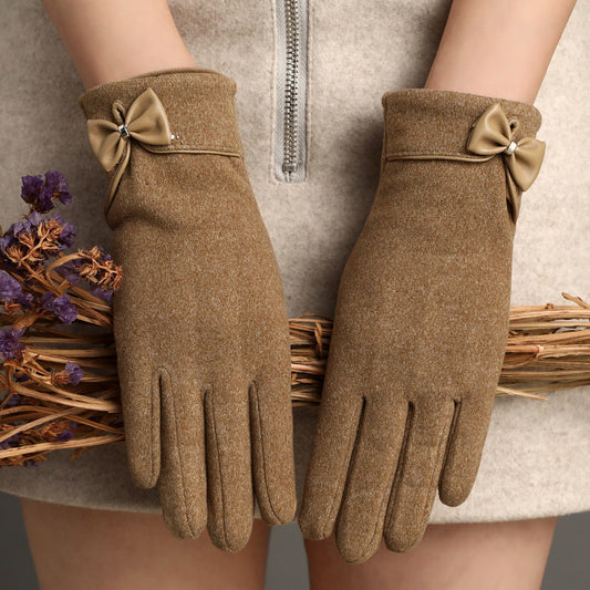 Fleece-Lined De Suede Bow Gloves - Touch Screen Warm Outdoor