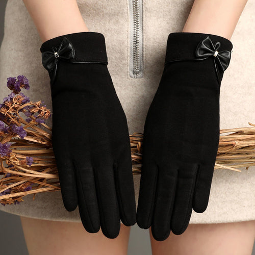 Fleece-Lined De Suede Bow Gloves - Touch Screen Warm Outdoor