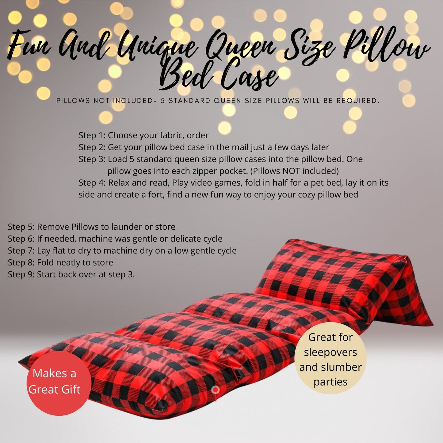 Red and Black Plaid Pillow Bed Case, Lumberjack Print Floor Lounger