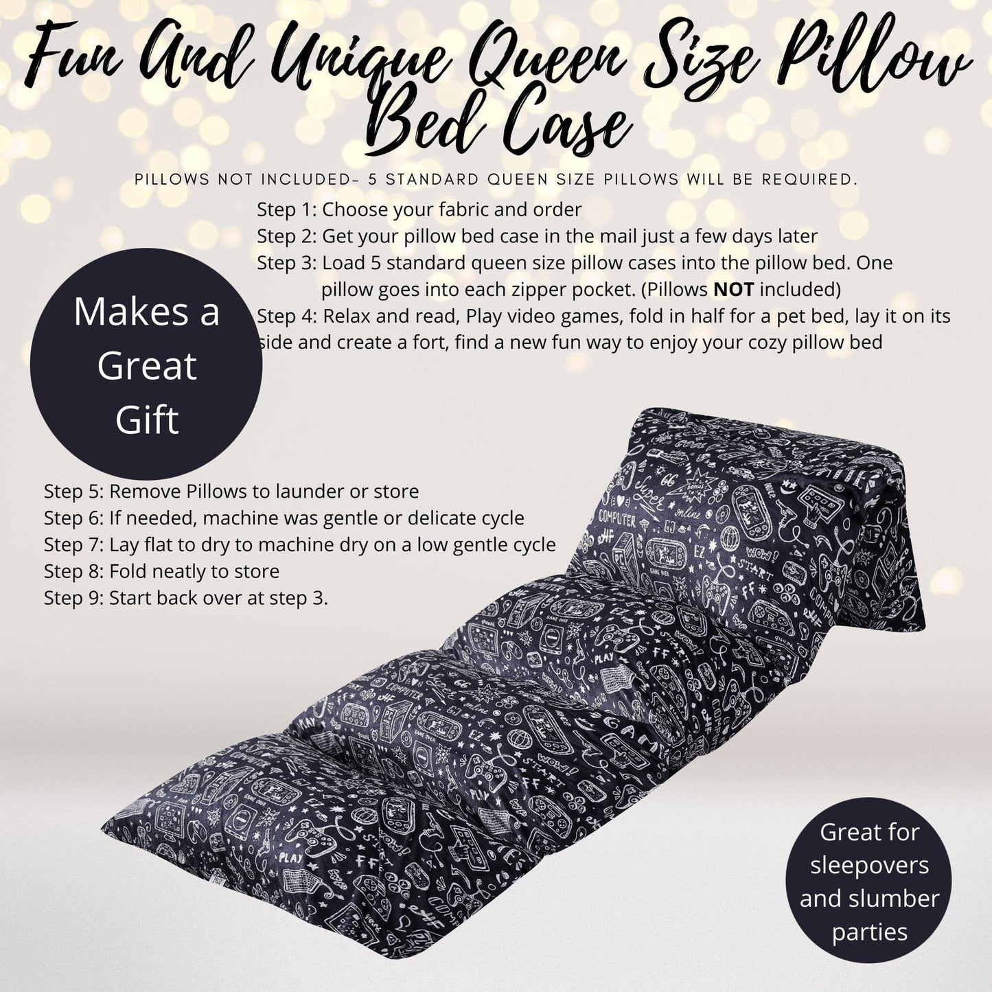 Video Gamer Pillow Bed Slipcover, Floor Lounger Gaming Slipcover,